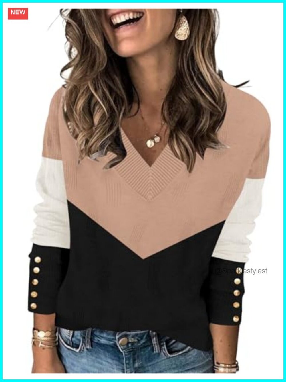 Womens V Neck Sweater Long Sleeve Lightweight Knit Pullover Decorative Buttons